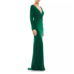 Mac Duggal Ieena 26573 Dress Long Sleeve V-Neck Sheath Gown Emerald Green Sz 10
